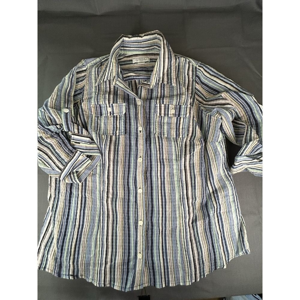 Liz‎ Claiborne Woman Striped Roll Tab Sleeve Button Up Shirt Blue Green 1X